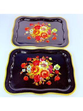 Set Of 2 Vintage Floral Metal Serving Trays With Scalloped Edges & Yellow Trim